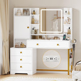 DICTAC Vanity Desk with Mirror and Lights, with Power Outlets, Makeup Vanity Table with 3 Dimmable LED Lights, 4 Drawers and Cabinets Storage, Modern Vanity Desk for Bedroom, White DICTAC