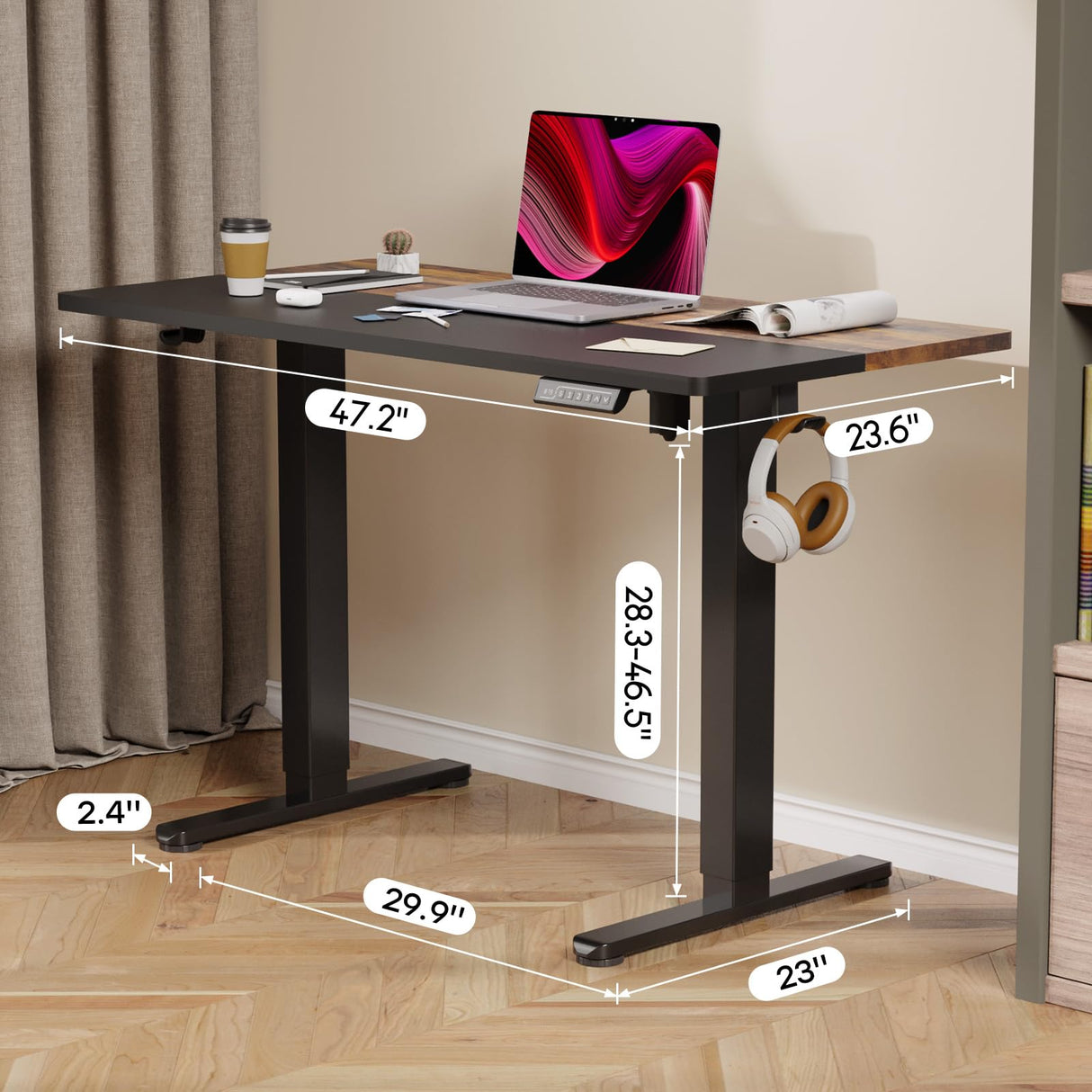 JYLH JOYSEEKER Electric Standing Desk, 48 X 24 Inch Adjustable Height Table, Sit Stand Desk with 2 Hooks, Ergonomic Rising Desk with Splice Board，Black & Rustic Brown JYLH JOYSEEKER