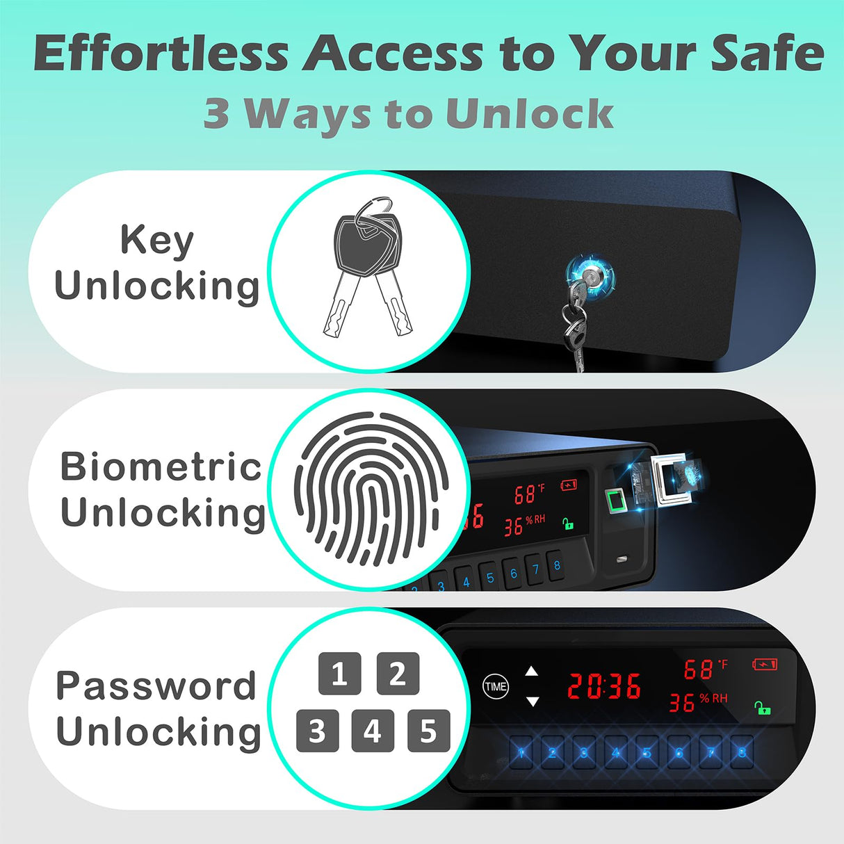 QINGENO Biometric Gun Safe,Clock Smart Safe Display with Temp,Humidity,Low Battery Warning,Drawer Gun Safe for Handgun - Nightstand Handgun Safe Pistol Safe (Black) QINGENO