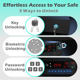 QINGENO Biometric Gun Safe,Clock Smart Safe Display with Temp,Humidity,Low Battery Warning,Drawer Gun Safe for Handgun - Nightstand Handgun Safe Pistol Safe (Black) QINGENO