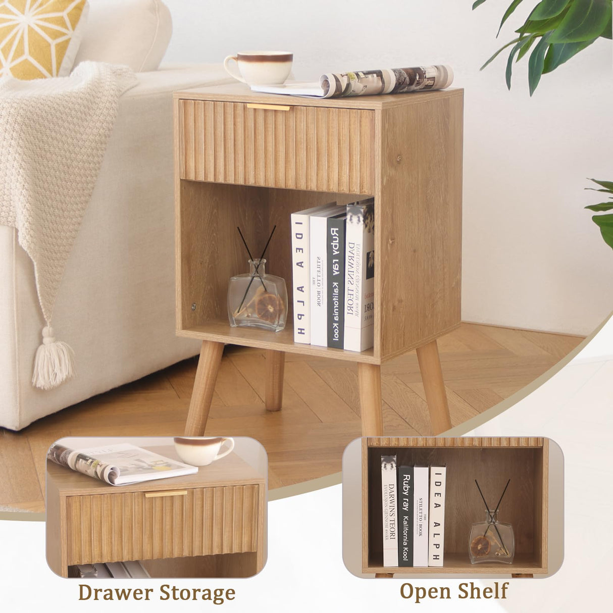 Fultyle Night Stand with Drawer, Mid Century Nightstand with Storage, Modern Fluted Bedside Table Bedroom Living Room for Small Space, Office (Rustic Walnut) Fultyle