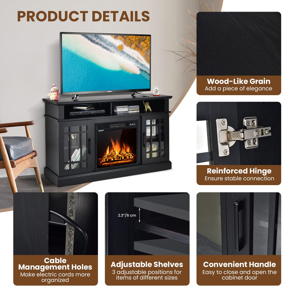 Happygrill Electric Fireplace TV Stand Up to 55 Inches, 48 Inch TV Stand w/Heater, Remote & Storage, Overheat Protection, Wooden Entertainment Center w/Adjustable Shelves for Living Room, Black HAPPYGRILL