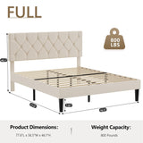 VECELO Full Size Bed Frame with Button Tufted Headboard, Upholstered Platform with Wooden Slat Support, No Box Spring Needed, Beige VECELO