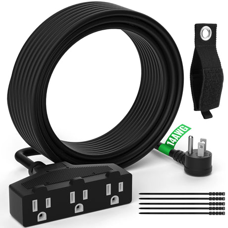 Outdoor Extension Cord 50 Ft with 3 Outlets, 14/3 SJTW 3 Prong Grounded Power Cord, 14 Gauge 14AWG Heavy Duty Power Cable, ETL Listed, 15 Amp 125 V 1875 W-Multiple Outlets for Indoor/Outdoor-Black Elecan