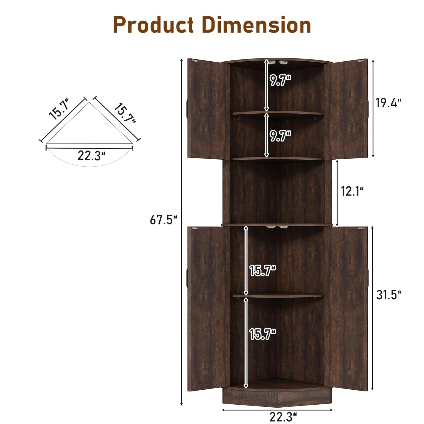 Hlivelood 68" Tall Farmhouse Corner Cabinet, Dining Room Storage Cabinet with 4 Barn Doors and 5 Level Storage with Adjustable Shelves, for Kitchen, Living Room, Laundry Room, Brown