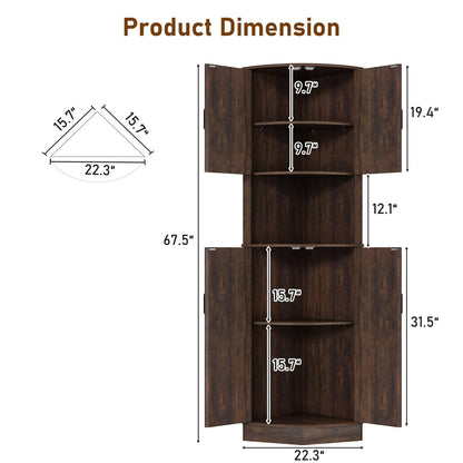 Hlivelood 68" Tall Farmhouse Corner Cabinet, Dining Room Storage Cabinet with 4 Barn Doors and 5 Level Storage with Adjustable Shelves, for Kitchen, Living Room, Laundry Room, Brown