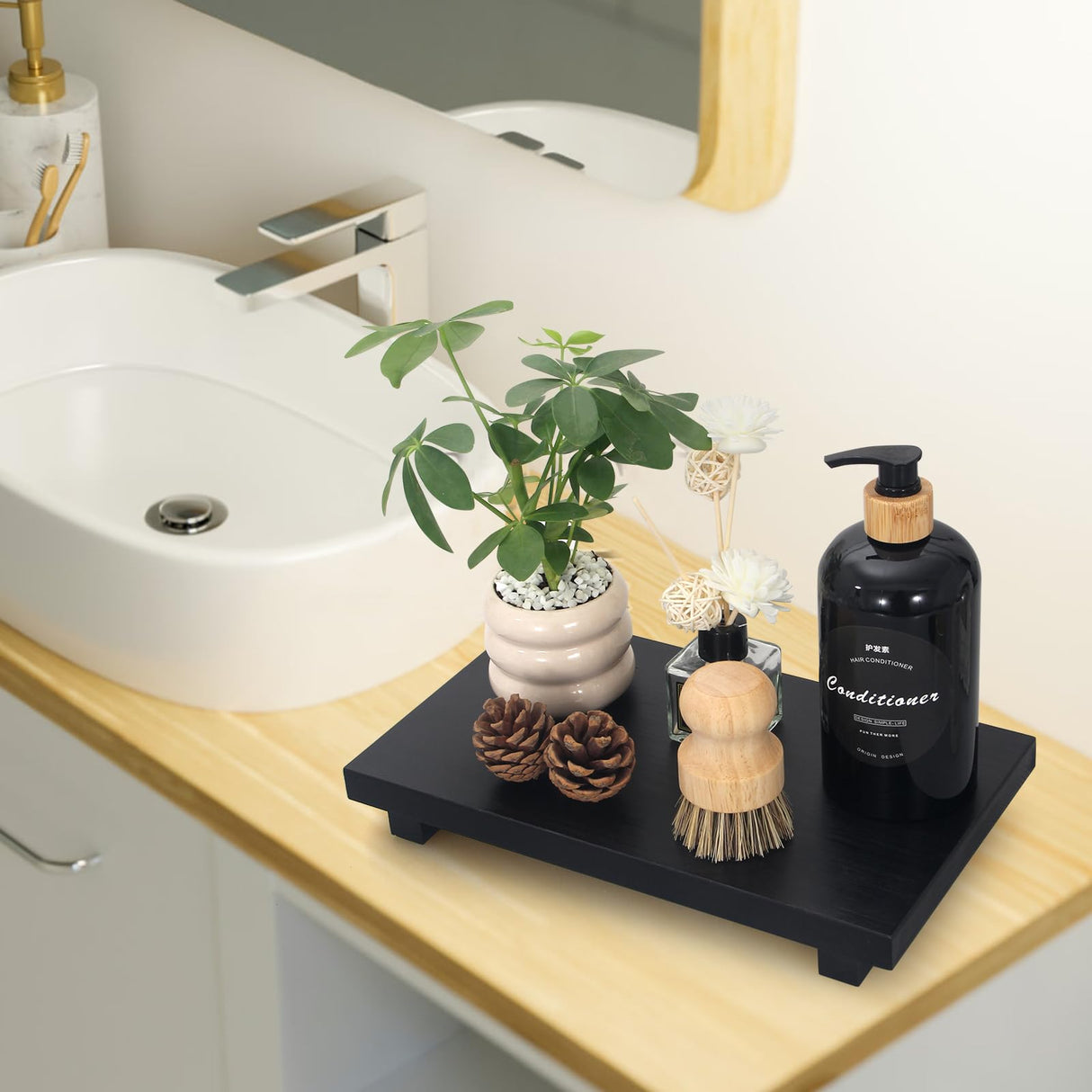 Black Bathroom Counter Tray Organizer Wood Risers Stand Kitchen Sink Tray Dish Soap Dispenser Holder for Countertop Modern Wooden Pedestal Display Farmhouse Bathroom Decor Accessories Vanity Tray Ayiaren