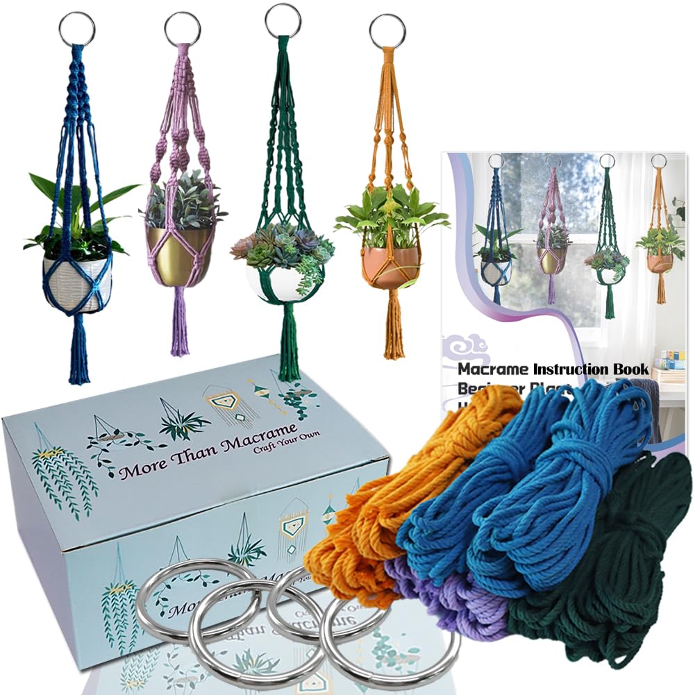 Ewparts Macrame Plant Hanger Kit with Instruction Book Tutorials Metal Rings 4mm Macrame Cord Green/Purple/Orange/Blue Pre-Cutted for Making 4 Macrame Plant Hangers Macrame Kit for Adults Beginners Ewparts