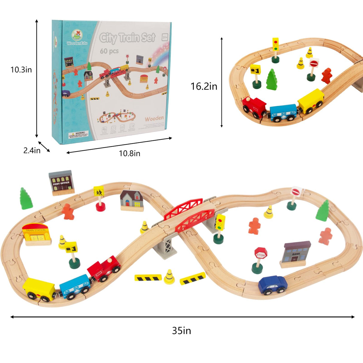 WoodenEdu 60Pcs Train Set for Toddlers, Bridge & Double-Side Wooden Train Set Tracks, Fits Brio, Thomas, Melissa and Doug, Kids Gift Toys for 3 4 5 Years Old Boys Girls WoodenEdu