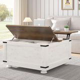 Farmhouse Lift Top Coffee Table with Storage, White Coffee Table with Hydraulic Gas Rod, Large Coffee Table with Wood Gourd Feet, Square Coffee Table with Large Hidden Storage for Living Room MaverickFurni