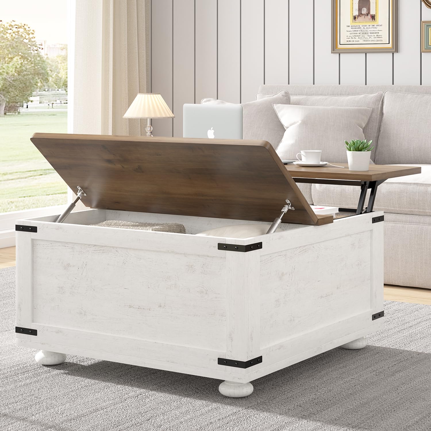 Farmhouse Lift Top Coffee Table with Storage, White Coffee Table with Hydraulic Gas Rod, Large Coffee Table with Wood Gourd Feet, Square Coffee Table with Large Hidden Storage for Living Room - WoodArtSupply