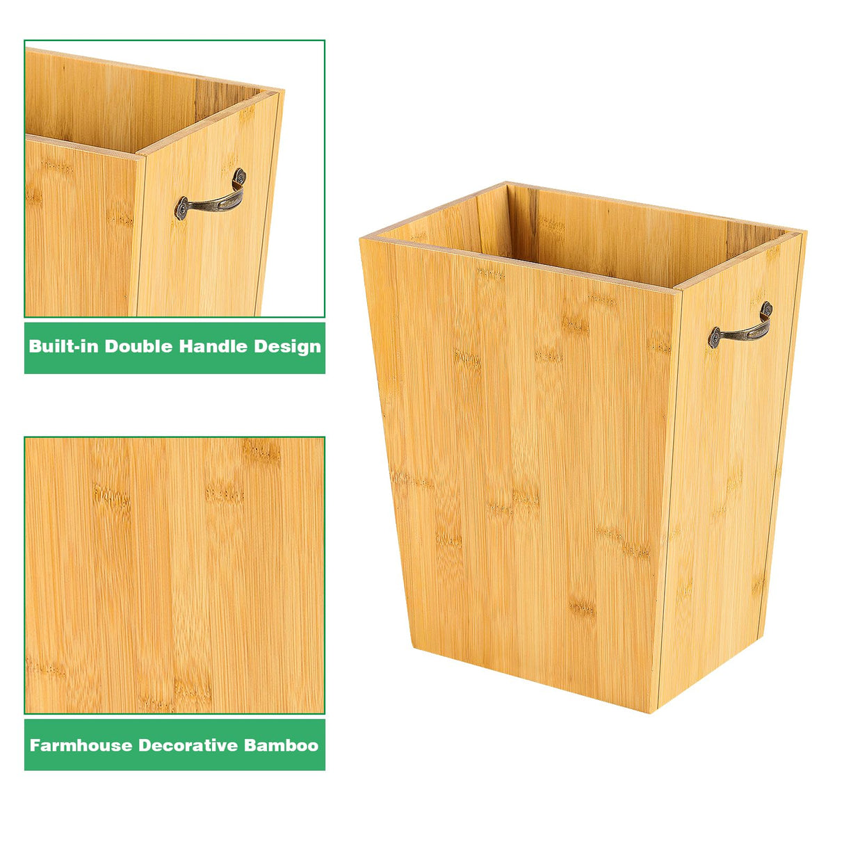 SEHERTIWY Wood Trash Can, Farmhouse Wastebasket Bin for Bathroom, Office, Bedroom, Living Room, Small Square Rustic Garbage Container with Metal Handle (Bamboo-Yellow-Handle) SEHERTIWY