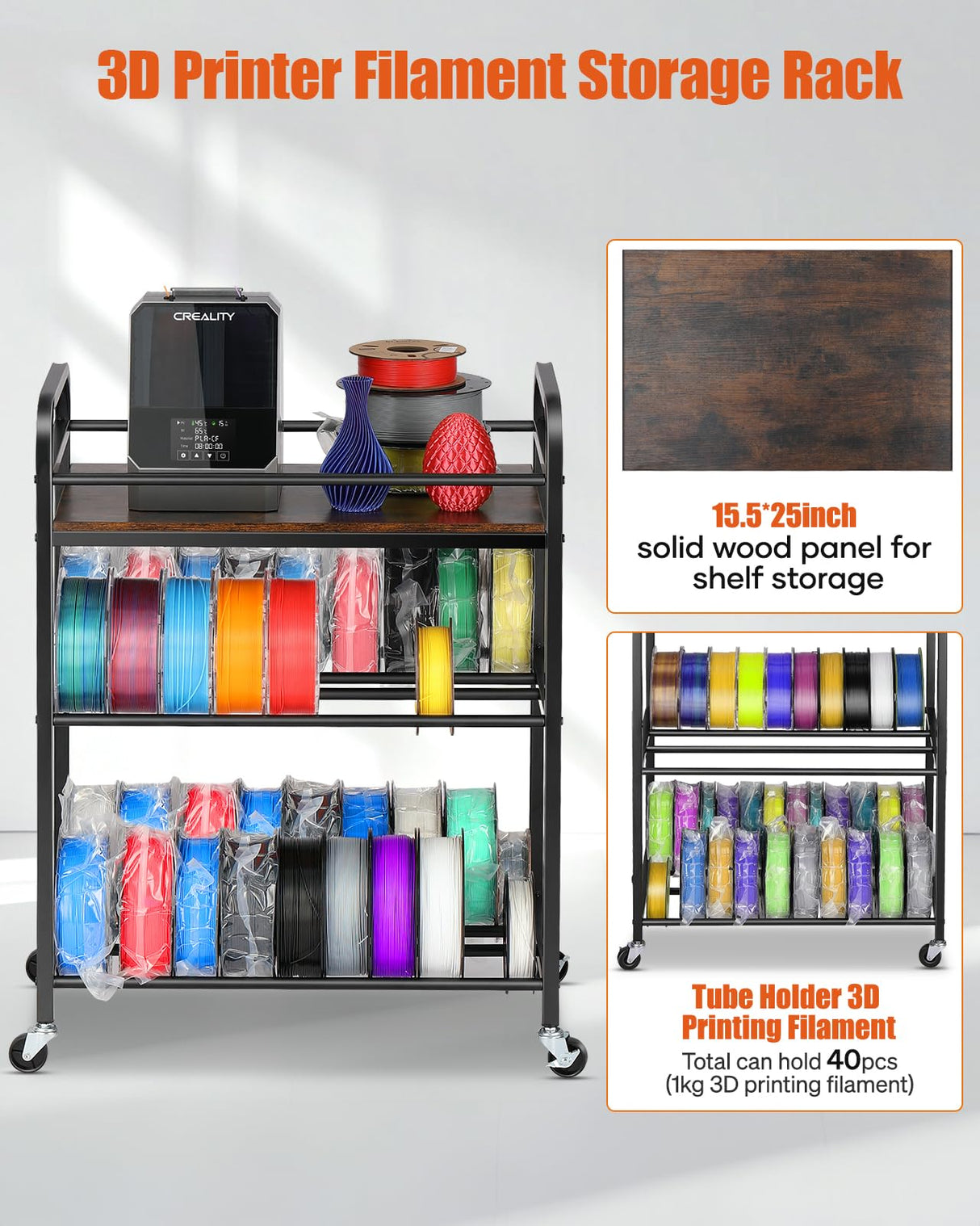 3D Printer Filament Storage Rack- Rolling Filament Spool Holders Racks with Wheels, Heavy Duty Metal Shelf for PLA/ABS/TPU/Nylon, Filaments Organzied for 3D Printing Studio, Office Workshop (Brown) Rackgolfic