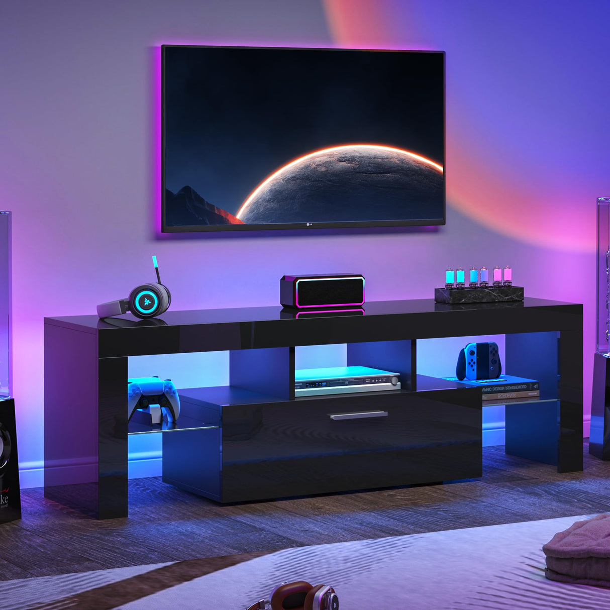 Clikuutory Black LED TV Stand with Large Storage Drawer for 32 40 50 55 Inch TVs, Modern High Gloss TV Console Table with Entertainment Center for Living Room, Bedroom, Black Clikuutory