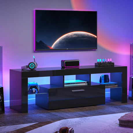 Clikuutory Black LED TV Stand with Large Storage Drawer for 32 40 50 55 Inch TVs, Modern High Gloss TV Console Table with Entertainment Center for Living Room, Bedroom, Black Clikuutory