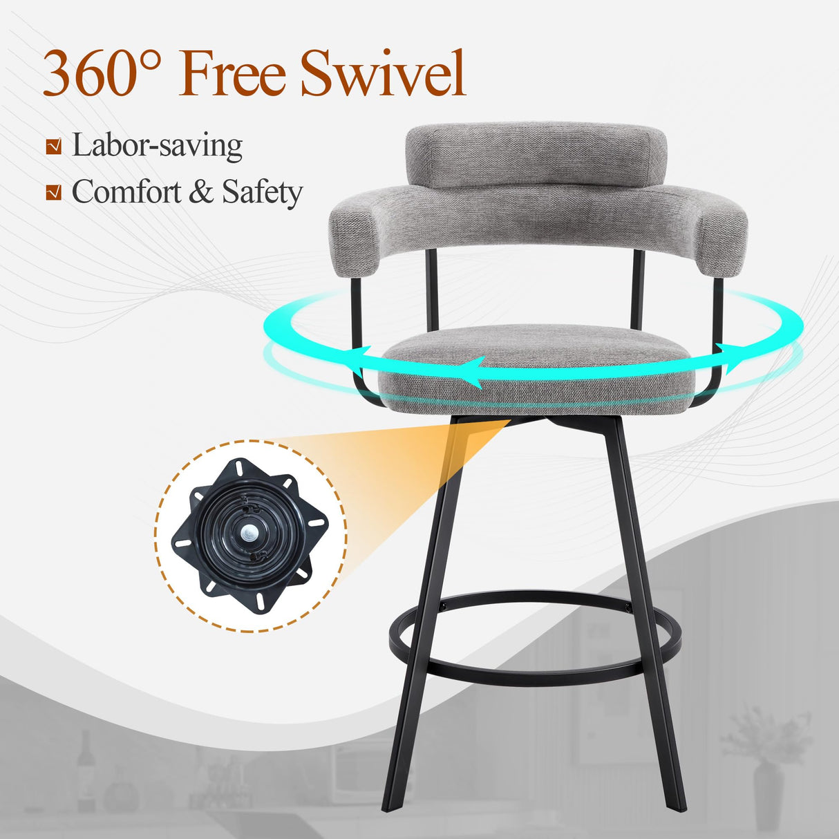 JIRAIN 26’’ Swivel Counter Height Bar Stools, Modern Counter Stools with Round Back, Linen Upholstered Barstools with Round Footrest for Kitchen Island, Home Pub, Set of 2, Grey JIRAIN