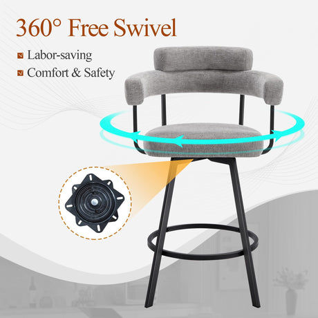 JIRAIN 26’’ Swivel Counter Height Bar Stools, Modern Counter Stools with Round Back, Linen Upholstered Barstools with Round Footrest for Kitchen Island, Home Pub, Set of 2, Grey JIRAIN