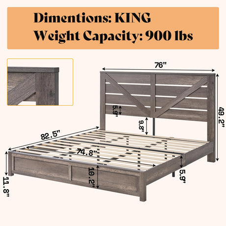 AMERLIFE King Size Farmhouse Bed Frame with 49.2" Barn Door Headboard, Platform Bed Frame with Wood Slats, Under Bed Storage Space, Easy Assembly, Noisy Free, Rustic Gray AMERLIFE