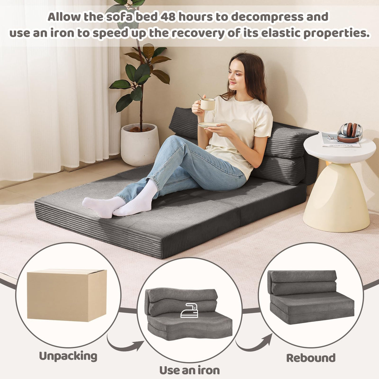 JUIKURY Folding Sofa Bed, Convertible Sleeper Chair with Pilow Foldable Matress, 2 in 1 Pull Out Loveseat Sofa Portable Fold Out Chair Bed Comfy Floor Couch Lounge for Living Room Bedroom,Grey,Full JUIKURY