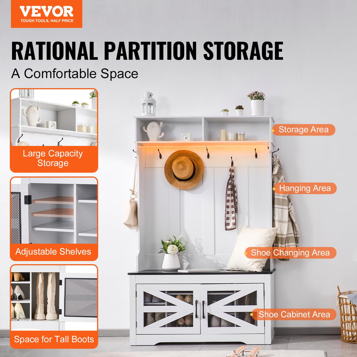 VEVOR Hall Tree Entryway Bench, LED Coat Rack with Shoe Storage, 42" Wide Mudroom Bench with Storage and Seating, Adjustable Shelves and 7 Hanging Hooks, for Mudroom, Entryway, Hallway VEVOR