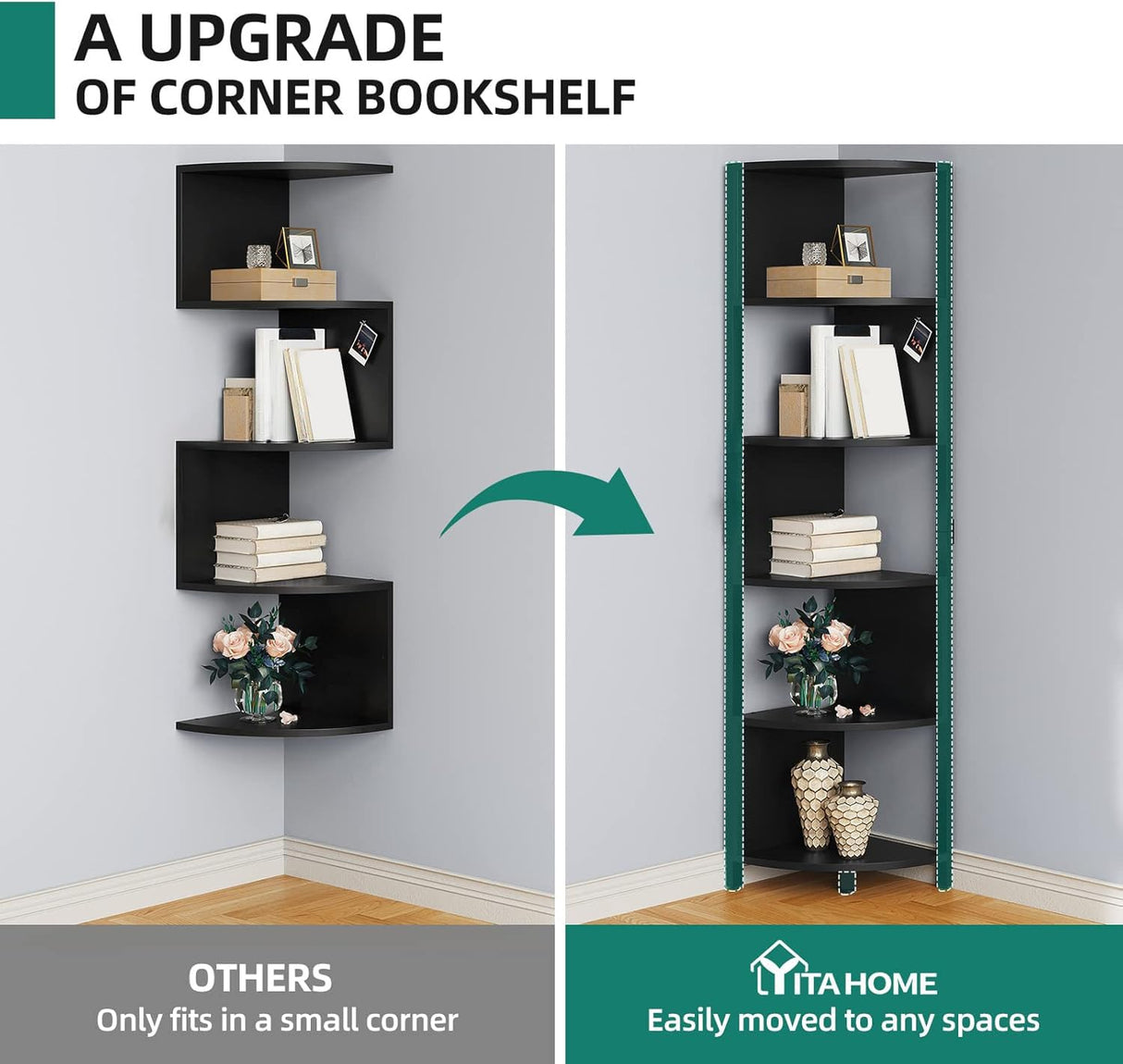 YITAHOME 6-Tier Corner Shelf, 68.8" Tall Modern Free Standing Zigzag Corner Bookshelf, 6 Shelf Display Corner Bookcase Open Small Book Shelves for Living Room, Home Office, Small Space, Black YITAHOME