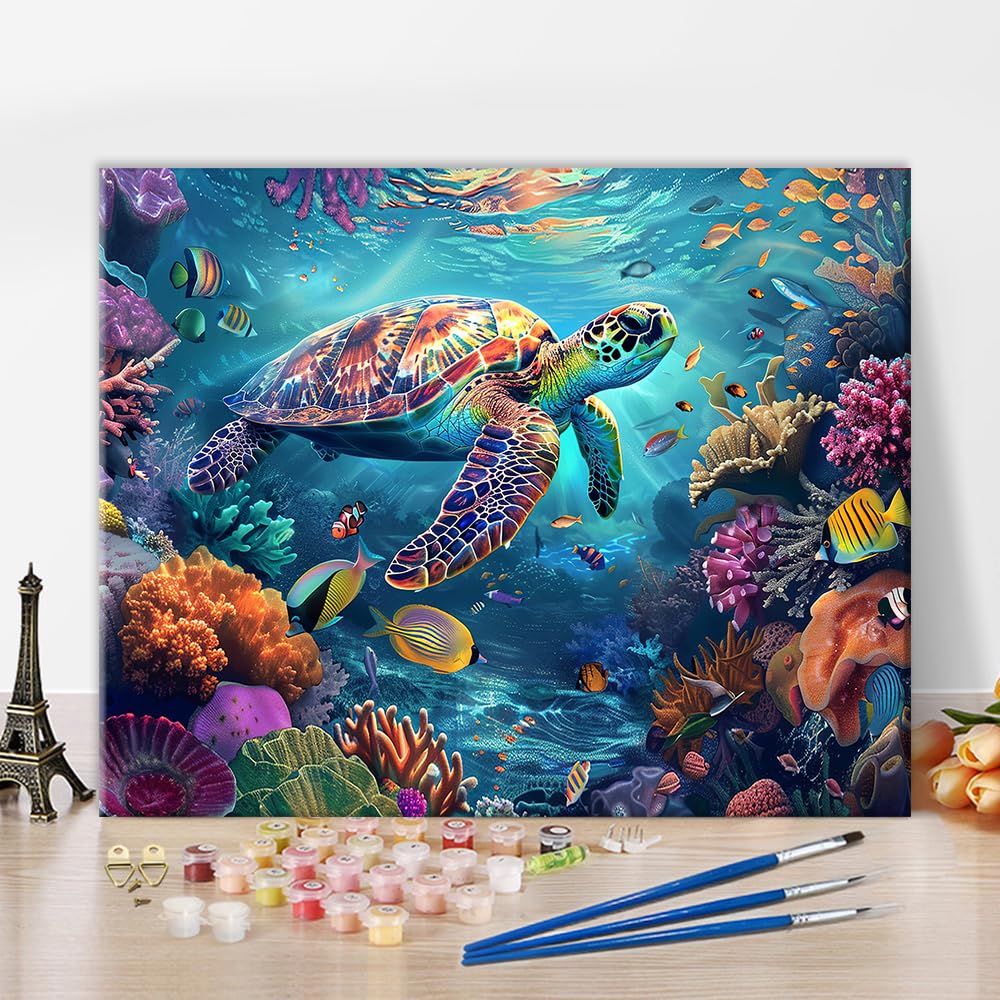 ‌Adults Paint by Numbers Happy Sea Turtle in Vibrant Coral Reef Art Kit with Tropical Fish Ocean Life DIY Canvas Painting for Home Decor Stress Relief 16x20 Inch‌ TUMOVO