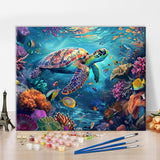 ‌Adults Paint by Numbers Happy Sea Turtle in Vibrant Coral Reef Art Kit with Tropical Fish Ocean Life DIY Canvas Painting for Home Decor Stress Relief 16x20 Inch‌ TUMOVO