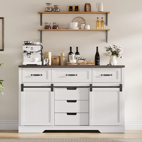 GAOMON Farmhouse 6 Drawers Dresser for Bedroom with Sliding Barn Doors, Wood Dressers & Chest of Drawers, Rustic Dressers TV Stand, Dresser Organizer for Bedroom, Living Room, White GAOMON