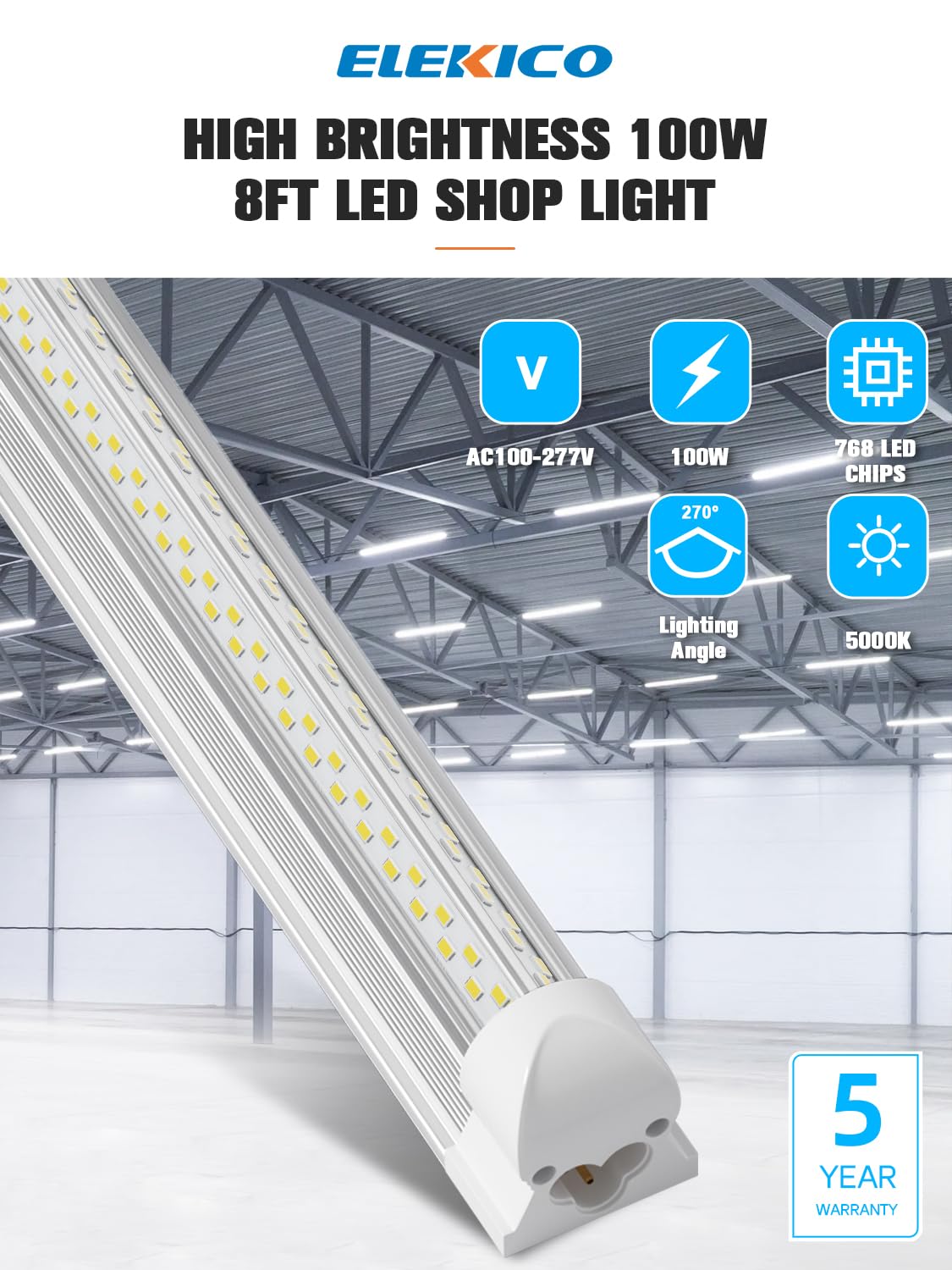 ELEKICO 8FT LED Shop Light, Super Bright 100W Shop Lights, 15000LM 5000K 8 Foot Led Lights, Linkable 96" LED Shop Lights Lighting for Garage with Plug, V Shape T8 8' Led Light Fixtures 10 Pack ELEKICO