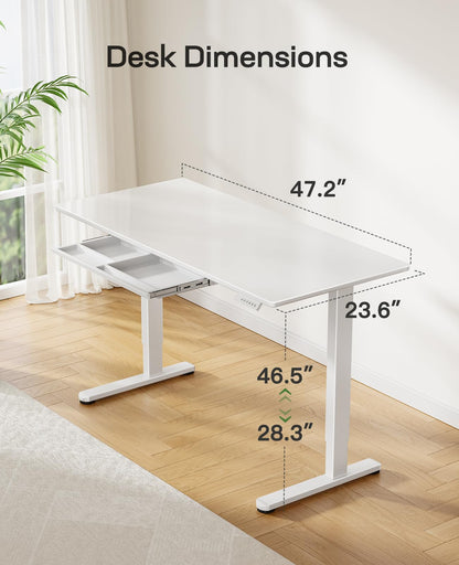 Marsail Glass Electric Standing Desk with Drawer, 48 x 24 Inches Height-Adjustable Desk, One-Piece Tempered Glass Top, Ergonomic Home Office Sit Stand Desk with 4 Preset Heights, White - WoodArtSupply