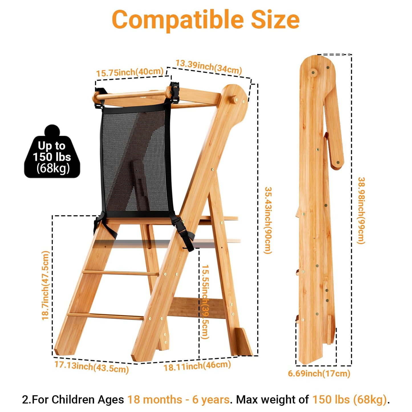 COSYLAND Foldable Toddler Standing Tower - Adjustable Height Folding Step Stool Kids Toddler Kitchen Stool Helper for Learning and Cooking - Ages 18 Months to 6 Years with Safety net Natural