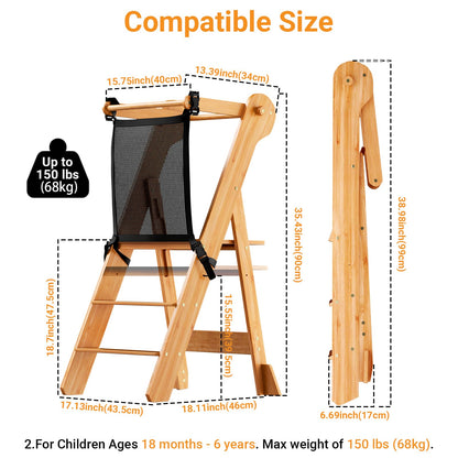 COSYLAND Foldable Toddler Standing Tower - Adjustable Height Folding Step Stool Kids Toddler Kitchen Stool Helper for Learning and Cooking - Ages 18 Months to 6 Years with Safety net Natural