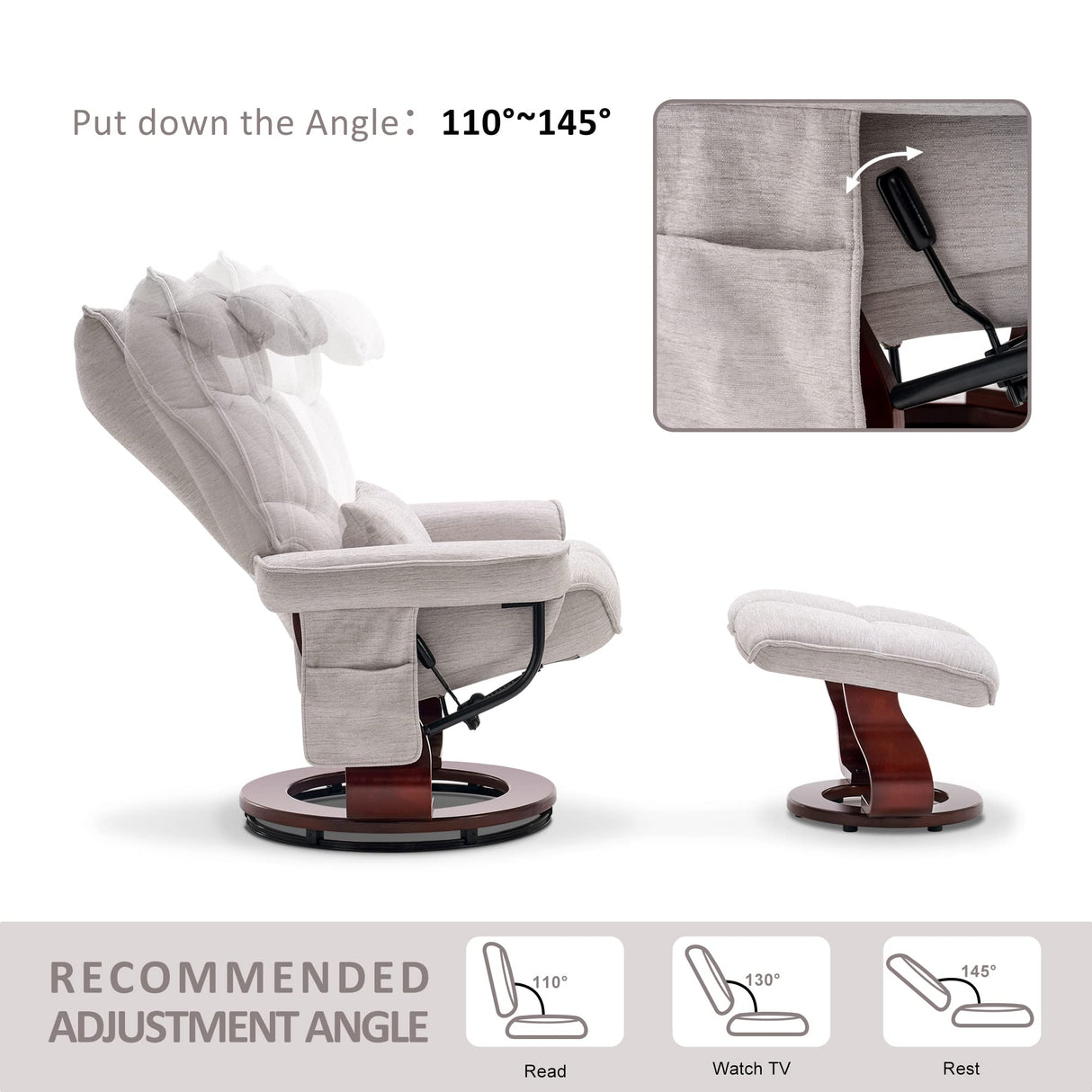 MCombo Swivel Recliner with Ottoman, TV Chair Sets with Vibration Massage, Ideal for Small Space, Living Room & Bedroom 4188 (Beige) MCombo