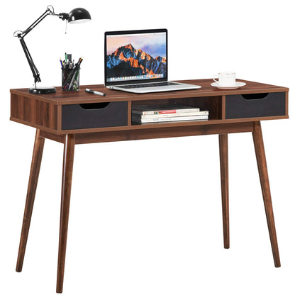 Tangkula Mid Century Desk with Drawers, Modern Writing Study Desk, Home Office Desk Computer Desk with Solid Wood Legs & Open Shelf, Study Workstation Multifunctional Vanity Table Desk for Be - WoodArtSupply