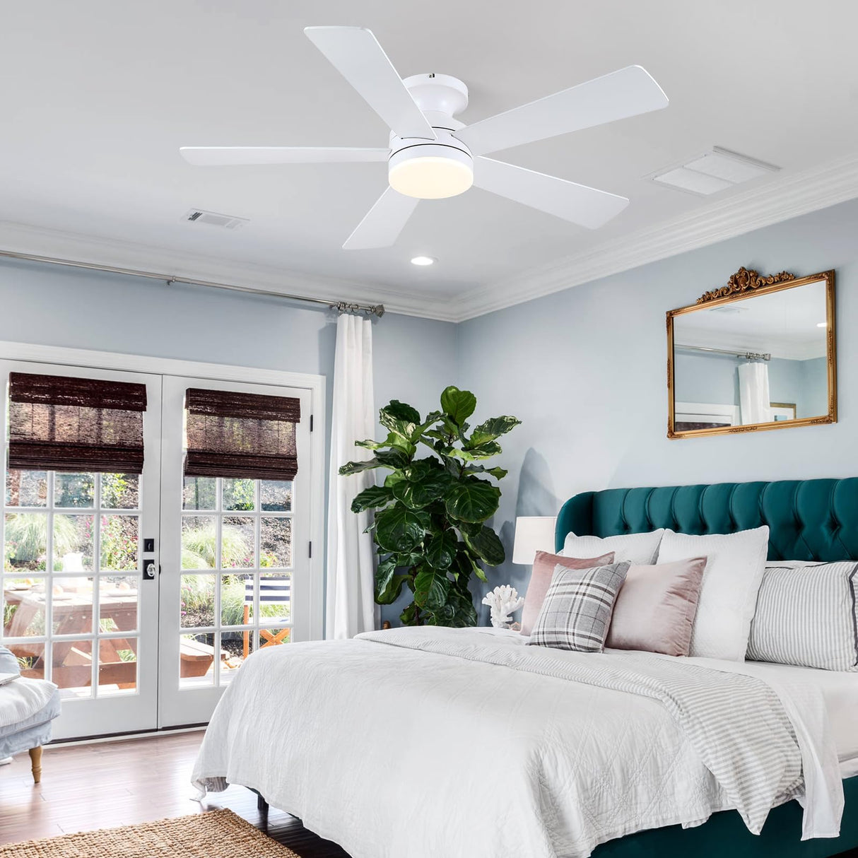 BYKISTOK White Ceiling Fans with Lights - 46" Flush Mount Low Profile Ceiling Fan Light with 5 Double-Sided Blades, 6 Speeds 3CCT Reversible Motor, Modern Ceiling Fan for Indoor/Outdoor Patios BYKISTOK