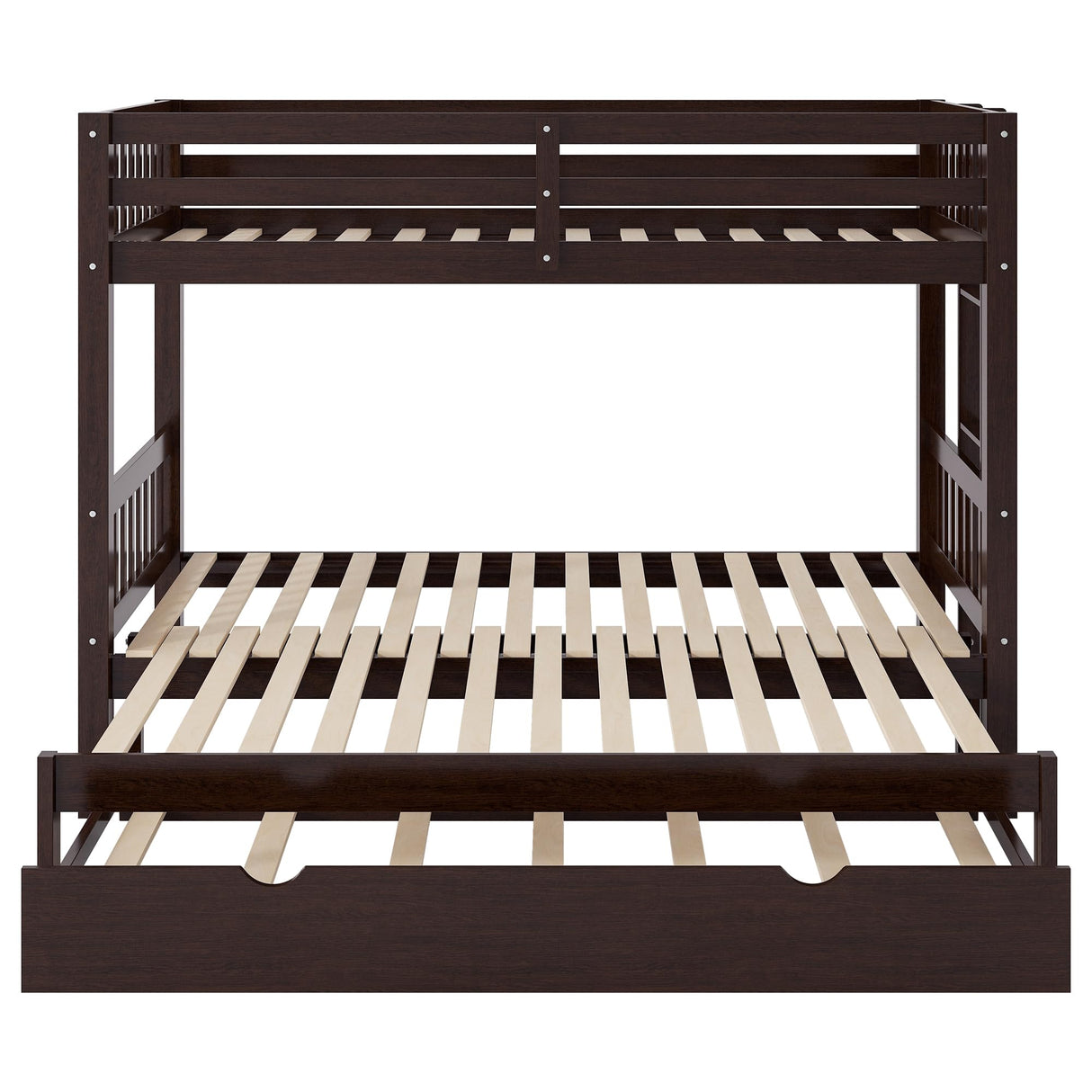 Twin Over Double Twin Bunk Bed with Trundle, Convertible Bottom Bed, Pull-Out Multi-Functional Bunk Bed Can for 4 People, Wooden Bunk Bed with Ladder and Safety Rail, Espresso Bellemave