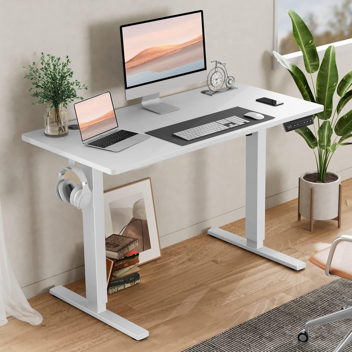 SMUG Standing Desk, Adjustable Height Electric Sit Stand Up Down Computer Table, 48x24 Inch Ergonomic Rising Desks for Work Office Home, Modern Lift Motorized Gaming Desktop Workstation, White SMUG