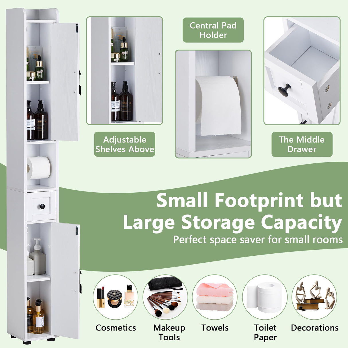 VECELO Bathroom Cabinet with Adjustable Shelf,Narrow Storage Cabinet for Small Space,Slim Cabinet 67in Tall with Metal Toilet Paper Rod Drawer,2 Magnetic Doors Farmhouse Style,Pearl White VECELO