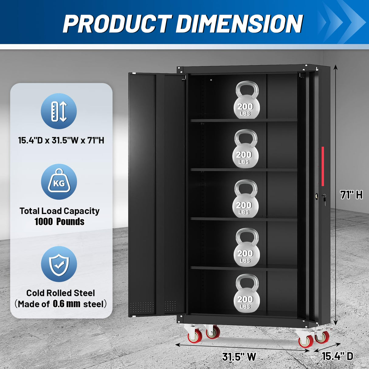 Rumetol Metal Storage Cabinet with Wheels,71" Garage Cabinets with 4 Adjustable Shelves and Lockable Doors,Black Locking Cabinet Suitable for Garages,Home,Office Rumetol