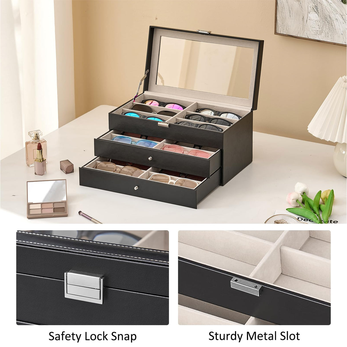 habgp Sunglasses Organizer with 18 Slots, 3-Layer Multiple Eyeglasses Eyewear Storage Glasses Holder Leather Box Display Case for Women Men - Black habgp
