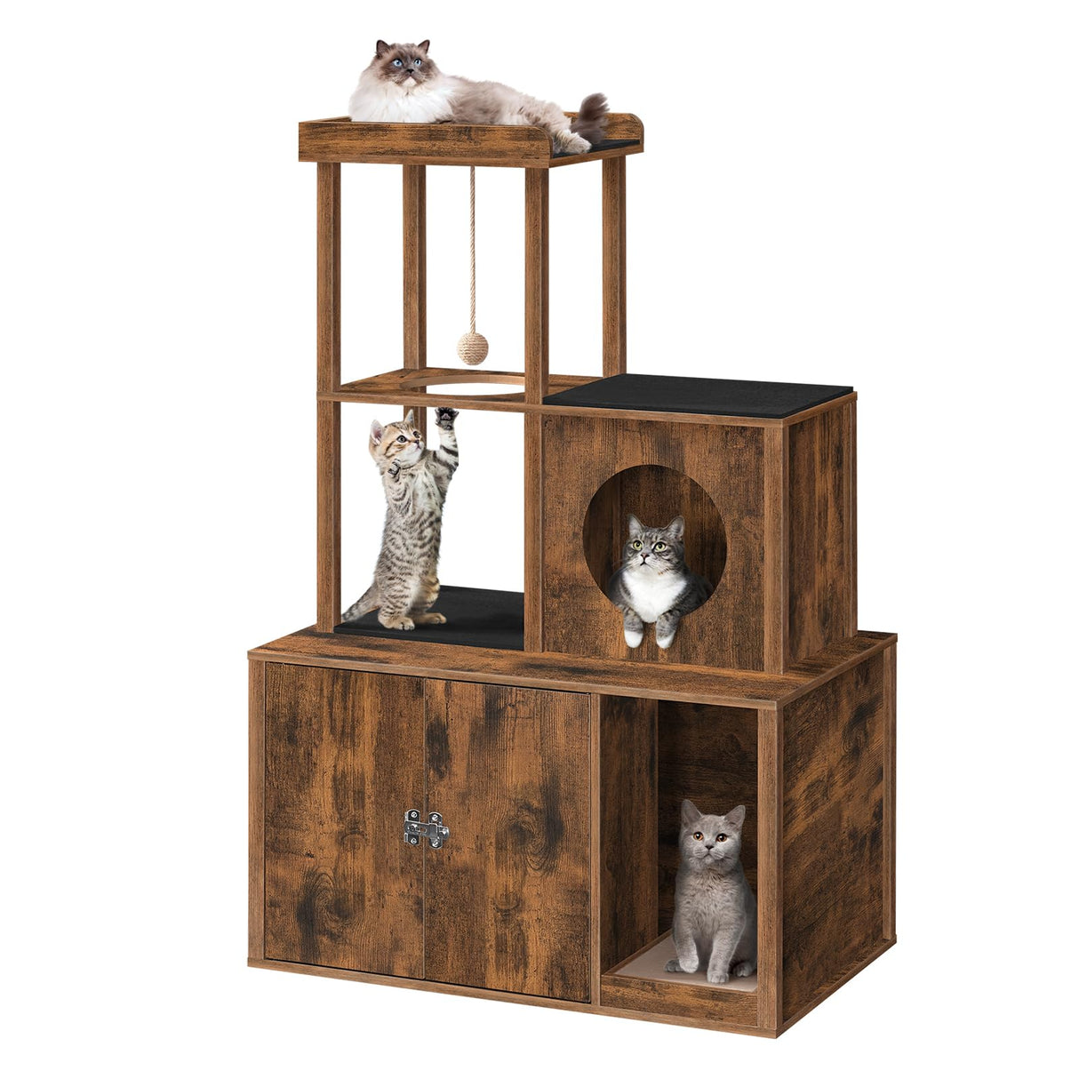MAHANCRIS Cat Tree with Litter Box Enclosure, Hidden Cats Litter Box Furniture with Condo and Plush Ball, Wooden Cats Washroom Furniture with Platform, Indoor Cat House, Rustic Brown CWHR1501 MAHANCRIS