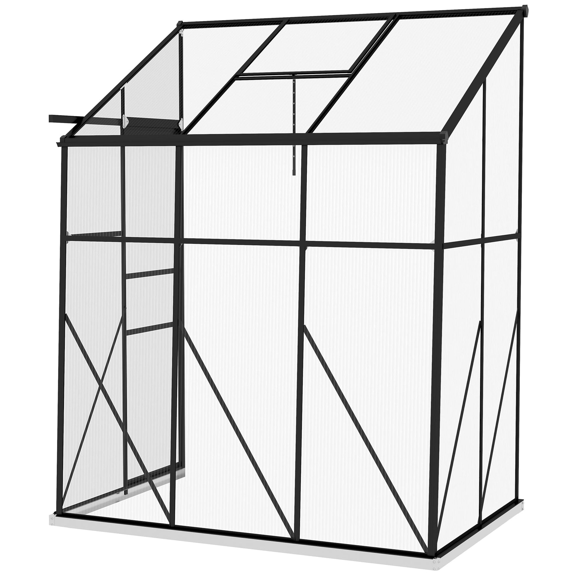 Outsunny 6' x 4' Lean-to Polycarbonate Greenhouse, Walk-in Hobby Green House with Sliding Door, 5-Level Roof Vent, Rain Gutter, Garden Plant Hot House with Aluminum Frame and Foundation, Blac - WoodArtSupply