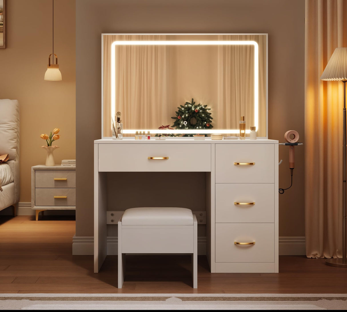 YITAHOME Vanity Desk Set with Large 35" LED Mirror and Lights, Makeup Table with 4 Drawers & Stool, 2 AC Outlets and 2 USB Ports, Adjustable Lighting, Modern Ample Storage Dressing Table, White YITAHOME