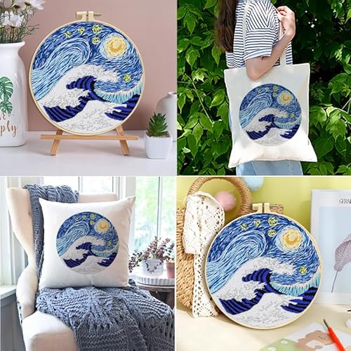 Zhenqing Wave & Starry Sky Embroidery Kit - 29x29cm Printed Fabric, Hoop & Full Tools for Beginners(S-CX0470)