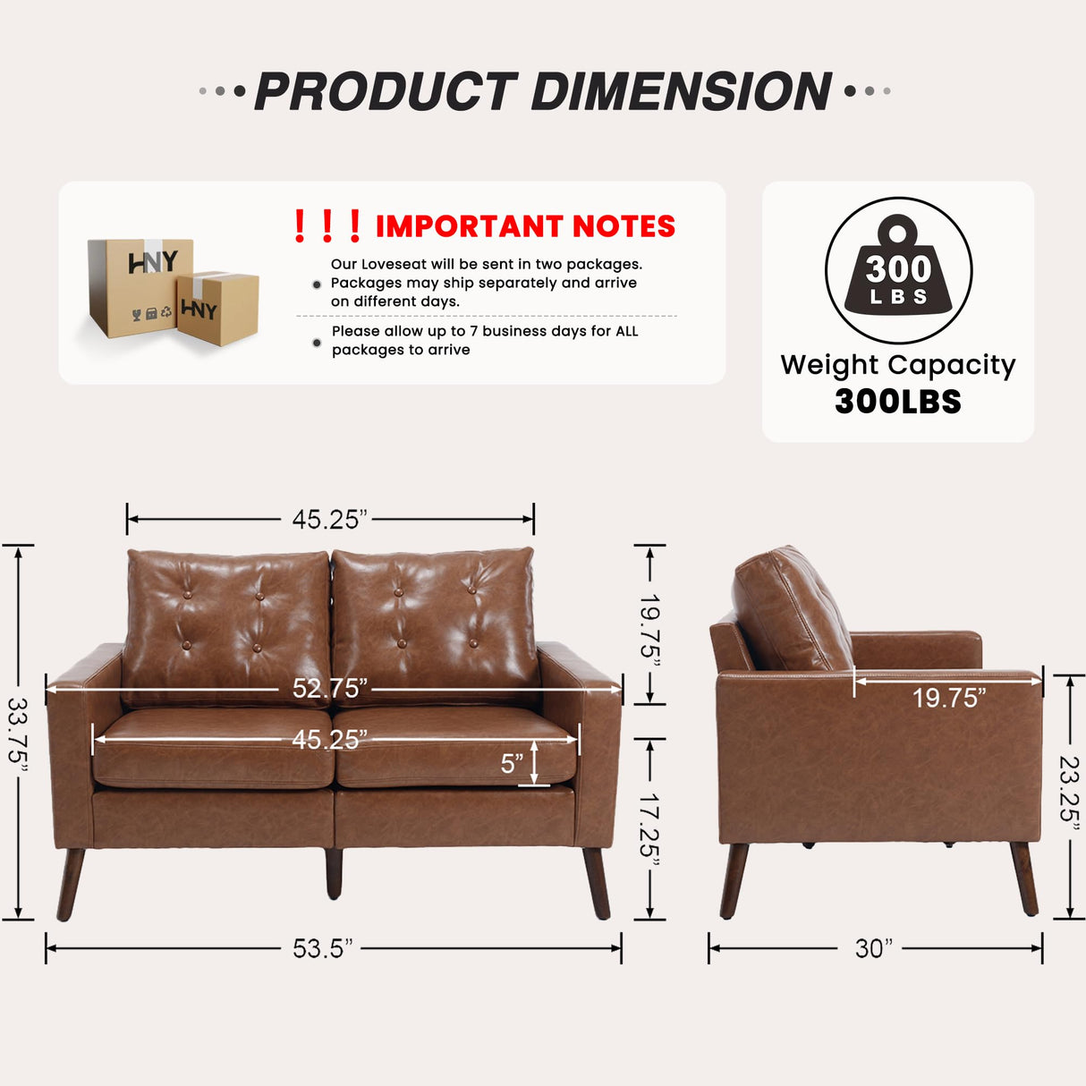 HNY Mid Century Modern 53” Loveseat Sofa, Comfy Upholstered Button Tufted Faux Leather 2 Seater Small Sofa Couch, Lounge Sleeper Love Seats for Small Spaces Living Room Apartment Bedroom, Brown HNY