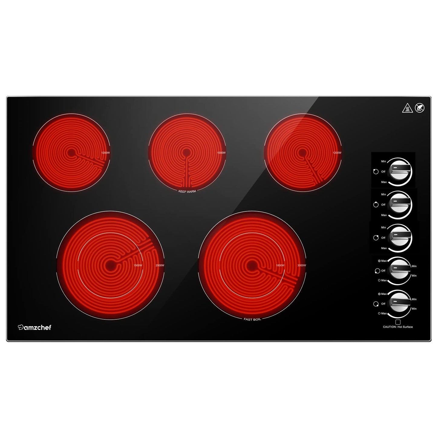 AMZCHEF Electric Cooktop 36 inch Built-in Electric Stove Burner with 5 Burners,8900W Power Control by Knob,Ceramic Electric Stove with Hot Surface Indicator,220V-240V