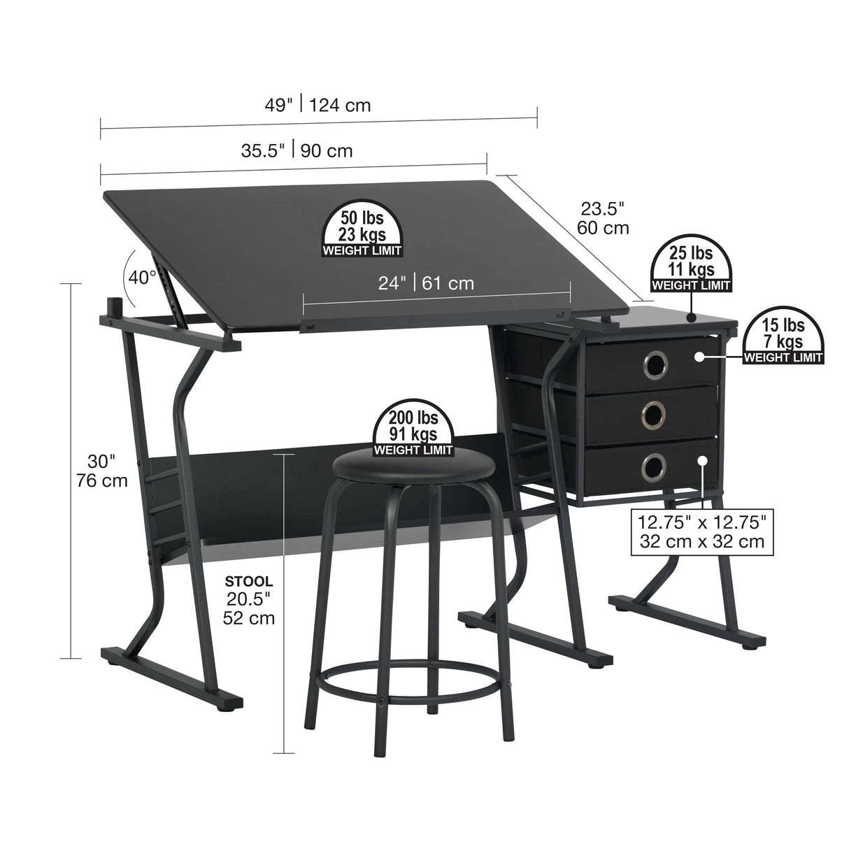 SD Studio Designs 2 Piece Eclipse Ultra Center/Drawing Table with Stool, Angle Adjustable Top, Storage Shelves, and Drawers SD STUDIO DESIGNS