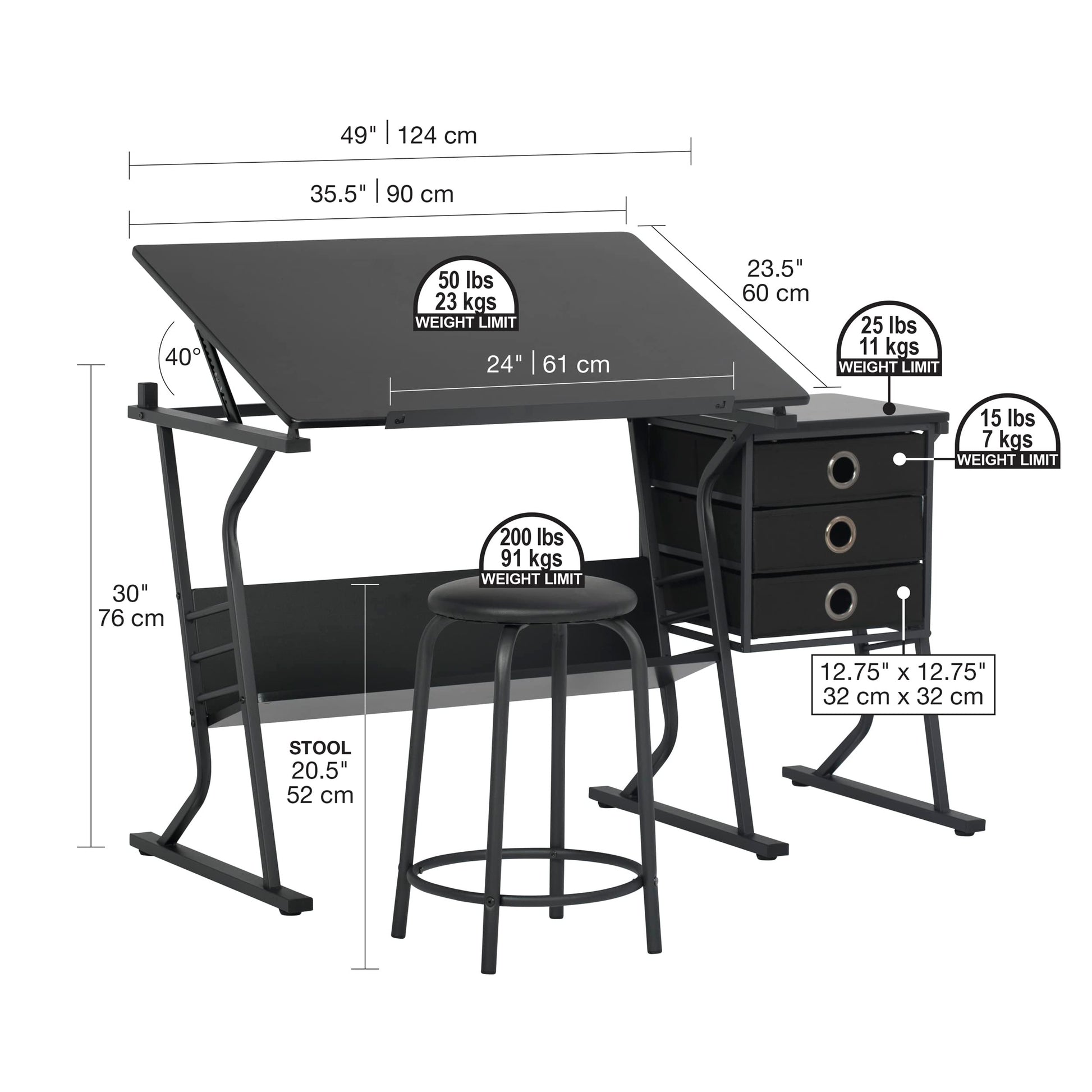 SD Studio Designs 2 Piece Eclipse Ultra Center/Drawing Table with Stool, Angle Adjustable Top, Storage Shelves, and Drawers - WoodArtSupply