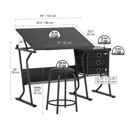 SD Studio Designs 2 Piece Eclipse Ultra Center/Drawing Table with Stool, Angle Adjustable Top, Storage Shelves, and Drawers - WoodArtSupply