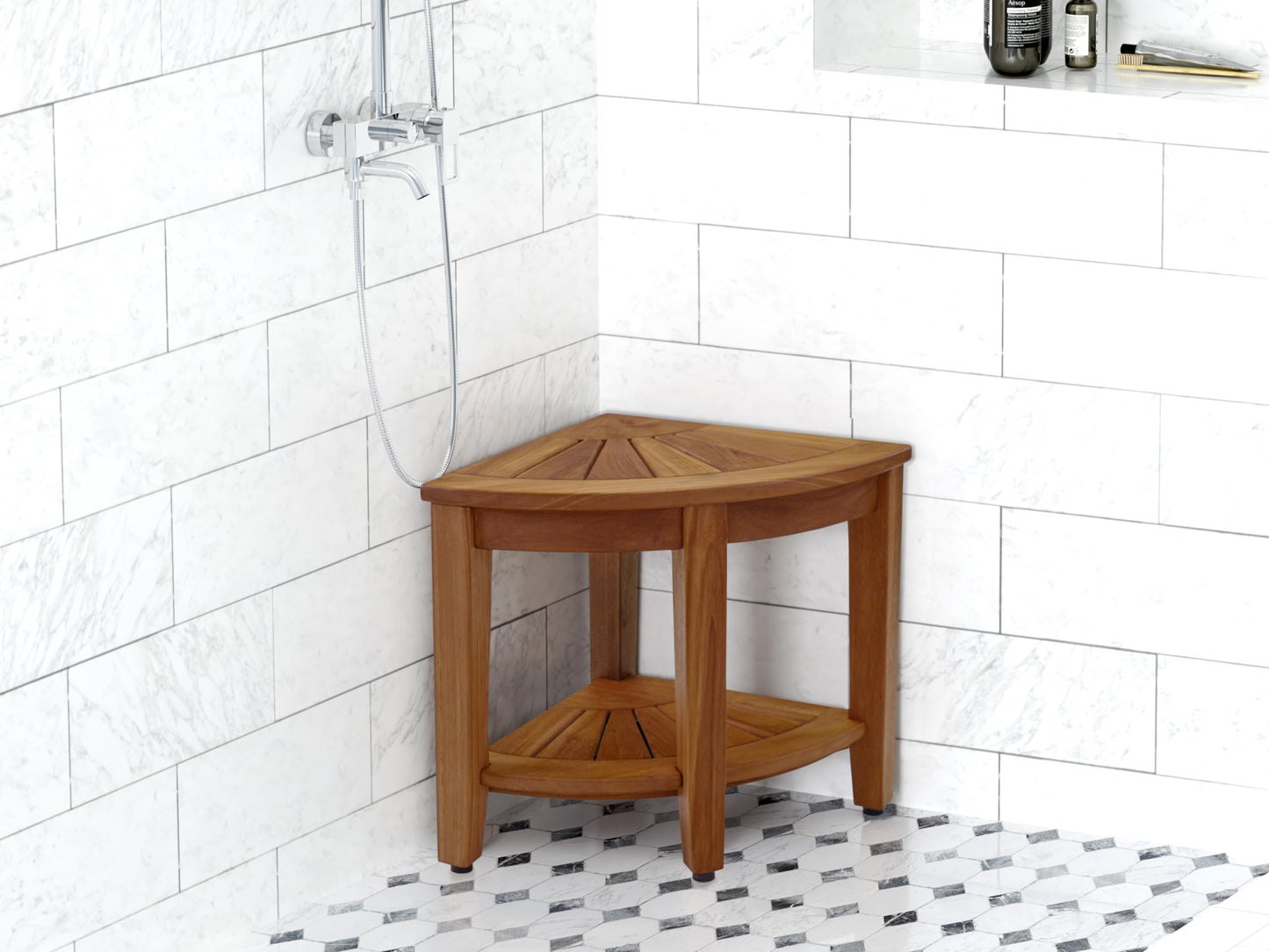 AquaTeak The Original 15.5" Kai Corner Teak Shower Bench with Shelf